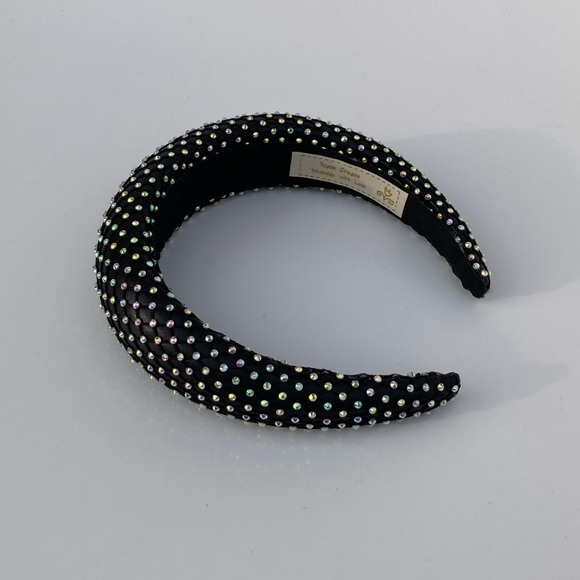 Black Padded 1.5” Headband with Rhinestone-Adorned Mesh Overlay Handmade - Picture 3 of 10